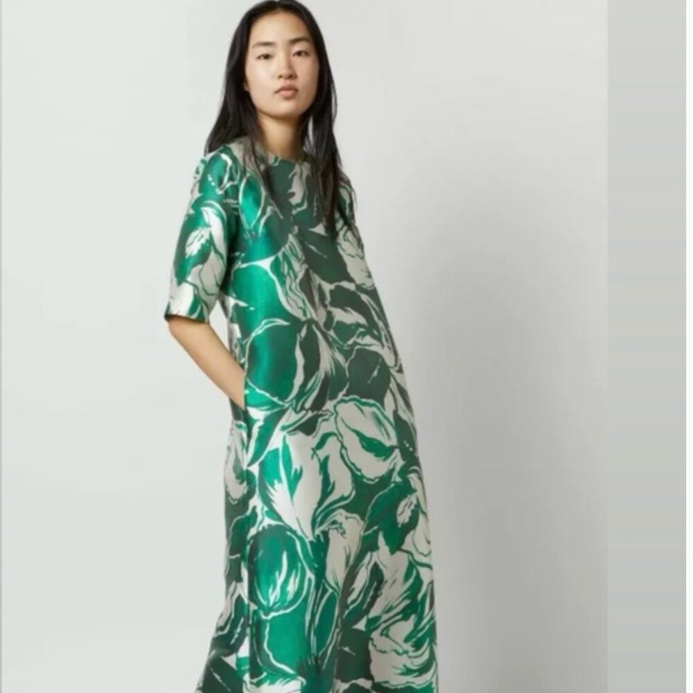NWT $495 Ann Mashburn Paige maxi dress green watercolor leaf mikado